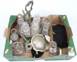 Mixed lot to include plated five-bottle cruet, sundry metalware, paste set and beaded evening bag