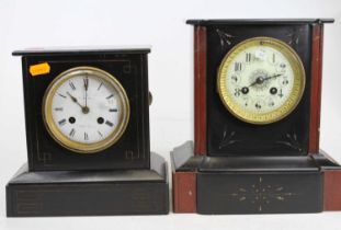 A late Victorian black slate mantel clock, having indistinctly signed white enamel dial and French