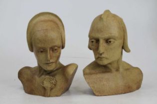 A pair of 20th century Studio pottery busts, each height 23cm Lady with chip to rim.Otherwise they