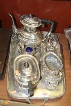 Assorted plated wares to include gallery tray, four-piece tea and coffee service, cruets etc