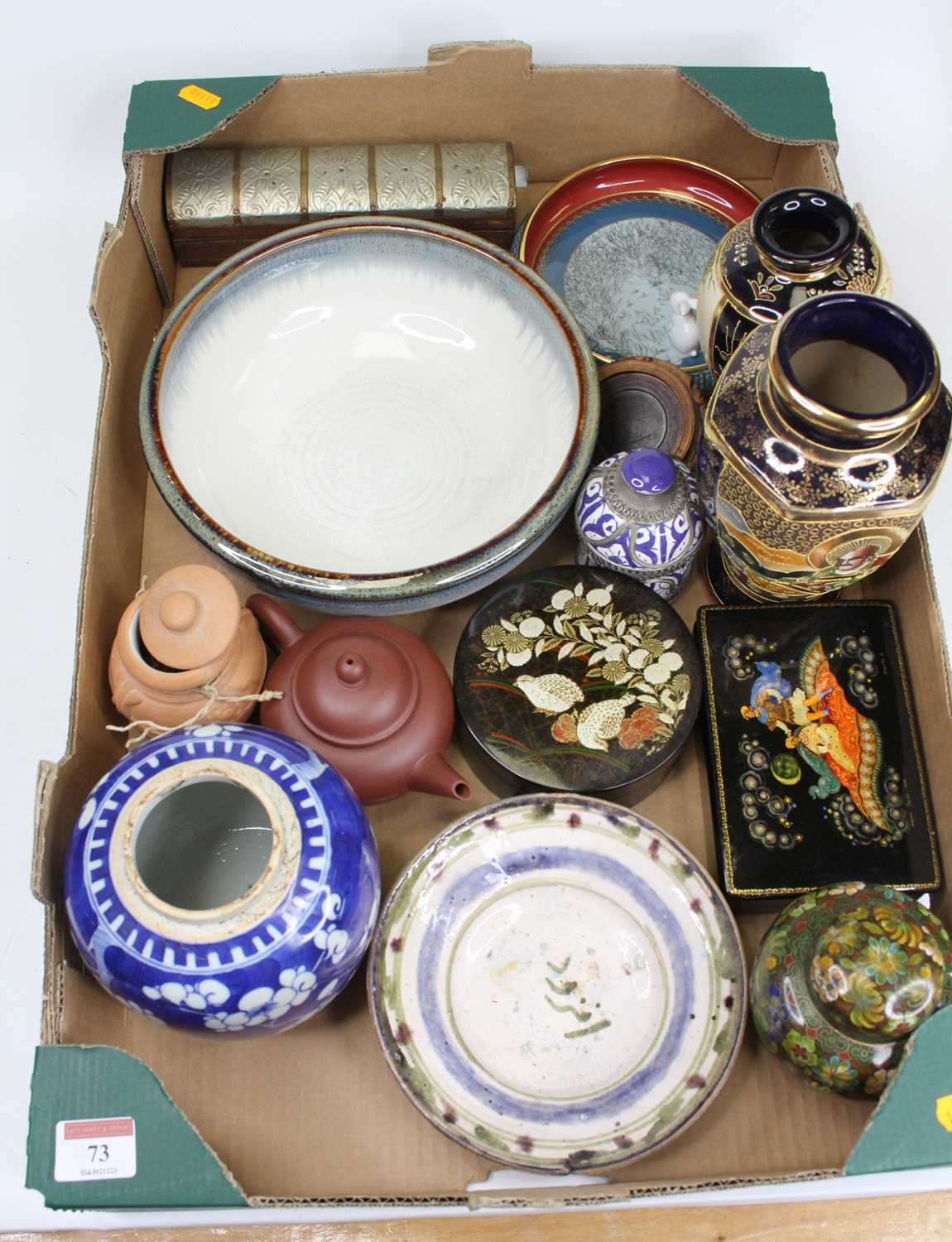 Two boxes of Asian ceramics to include a Chinese Yixing red ware bachelor's teapot, and a Japanese