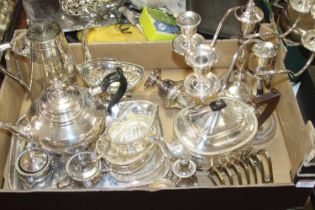 Two boxes of assorted silver plated wares, to include a Regency style three-piece tea set, Edwardian