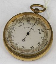 A Victorian lacquered brass cased pocket barometer, the silvered dial showing Arabic numerals and