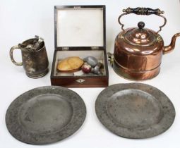 Miscellaneous items to include a rosewood box, copper kettle, silver plated wares etc There is no