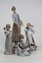 A collection of four Lladro porcelain figures of young ladies, largest height 34cm, each boxed