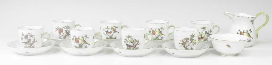 A Herend porcelain eight place coffee service, decorated in the Rothschild Bird pattern,