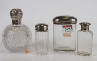 A late Victorian cut glass and silver topped scent bottle, h.12cm; together with three various