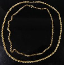 A modern 9ct gold ropetwist necklace, 50cm; together with a modern 9ct gold belcher link neck chain,