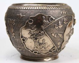 A Japanese Meiji period bronze jardiniere, relief decorated with birds amongst flowers, height 19cm