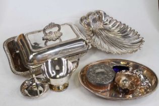 A box of assorted plated wares to include entree dish and cover