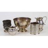 Mixed silverwares, to include a footed bowl (with dents and repairs), sparrowbeak cream jug,