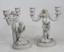 A pair of Victorian Parian twin branch table candlesticks, height 21cm