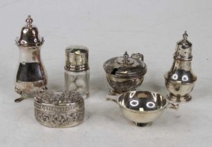 Assorted silver cruets, to include two lighthouse pepperettes, mustard, miniature porringer, white