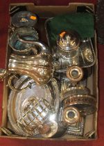 A box of assorted plated wares, to include entree dishes, wine sleeve, coaster, pair of Old