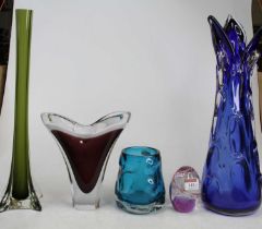 A collection of five 20th century coloured studio glass vases, largest height 41cm