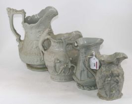 A collection of four Victorian relief moulded jugs, to include Ridgeway, the largest h.29cm