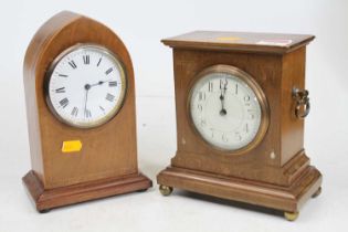 An Edwardian mahogany and boxwood strung lancet mantel clock, the enamel dial showing Roman