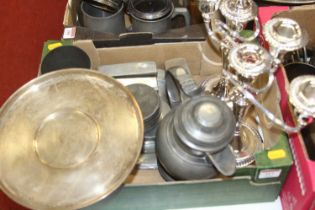 A box of assorted metalware, to include modern silver plated three-light candelabra, various