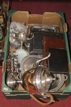 A box of assorted plated wares, to include 19th century pedestal coffee pot and cover, entree