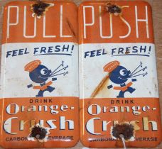 A pair of enamel on metal Orange Crush advertising push and pull door plate signs, each 20x10cm