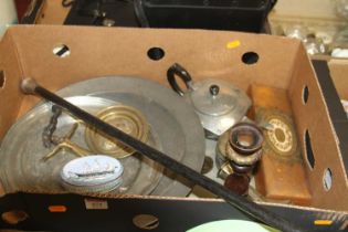 A collection of mixed metalware, to include a Victorian silver handled ebonised walking cane, and