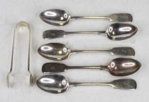 A set of five Victorian silver teaspoons in the Fiddle pattern; together with a pair of silver sugar