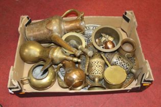 A collection of metal wares to include a brass pestle and mortar