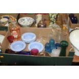 Five boxes of mixed glassware and ceramics, to include a 19th century crystal water jug, Minton