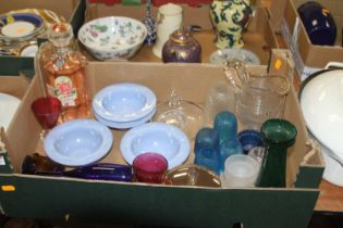 Five boxes of mixed glassware and ceramics, to include a 19th century crystal water jug, Minton