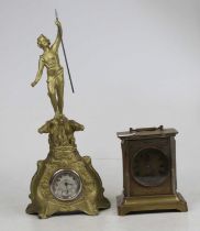 A German gilt metal carriage clock (a/f), h.16cm; together with a gilt metal cased mantel clock
