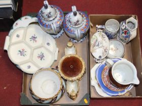 Two boxes of Victorian and later ceramics to include a Delft style vase and tankard, and a pair of