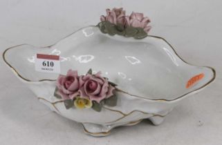 A capo di monte shaped porcelain dish with applied floral decoration with 24cm