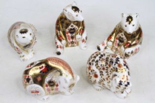 Five various Royal Crown Derby porcelain table ornaments of Polar bears, all decorated in the