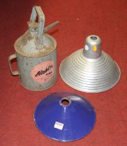 A blue enamel industrial ceiling light shade, dia. 25cm, together with a metal industrial light