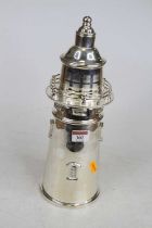 A modern silver plated lighthouse cocktail shaker, h.35cm