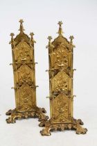 A pair of 19th century gilt brass letter racks, each repoussee decorated with flowers, height 29cm