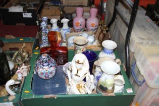 Two boxes of ceramics and glassware to include a pair of Victorian pink glass vases, a pair of