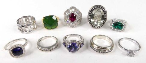 A collection of modern silver and white metal paste set dress rings (10)