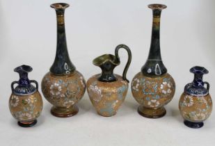 A collection of five Doulton Slaters patent stoneware vases and jugs, largest height 31cm