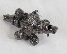 A circa 1900 baby's silver teething rattle (lacking coral teether), 1.2oz, 8cm