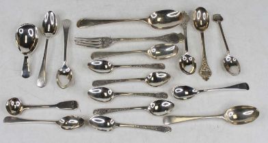 Assorted 19th century and later tea and coffee spoons and a single dessert fork, some with bright