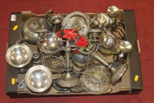 A box of assorted silver plated and metalwares