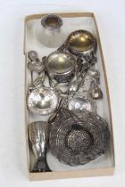 Assorted silver and white metal wares, to include a pair of Georgian table salts, tea strainer,