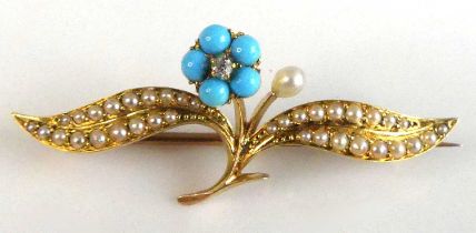 A yellow metal turquoise, pearl and diamond bar brooch in the form of a forget-me-not flower,