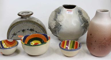 A collection of six studio pottery vases and bowls, largest height 21cm