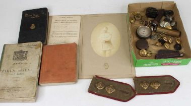 A collection of militaria & ephemera to include buttons, lapels, pocket range finder, French