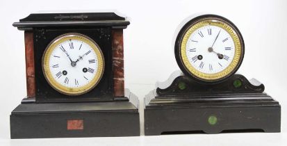 A late Victorian slate marble drum top mantel clock, having an unsigned white enamel Roman dial