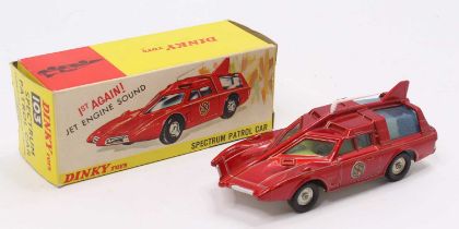 Dinky Toys No. 103 Spectrum Patrol Car, comprising a red metallic body with a yellow interior and