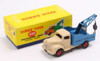 A Dinky Toys No. 430 breakdown lorry comprising of rare cream cab and chassis with light blue back