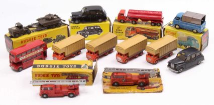 Budgie Toys boxed and loose group, with examples including an Articulated Tank Transporter, a